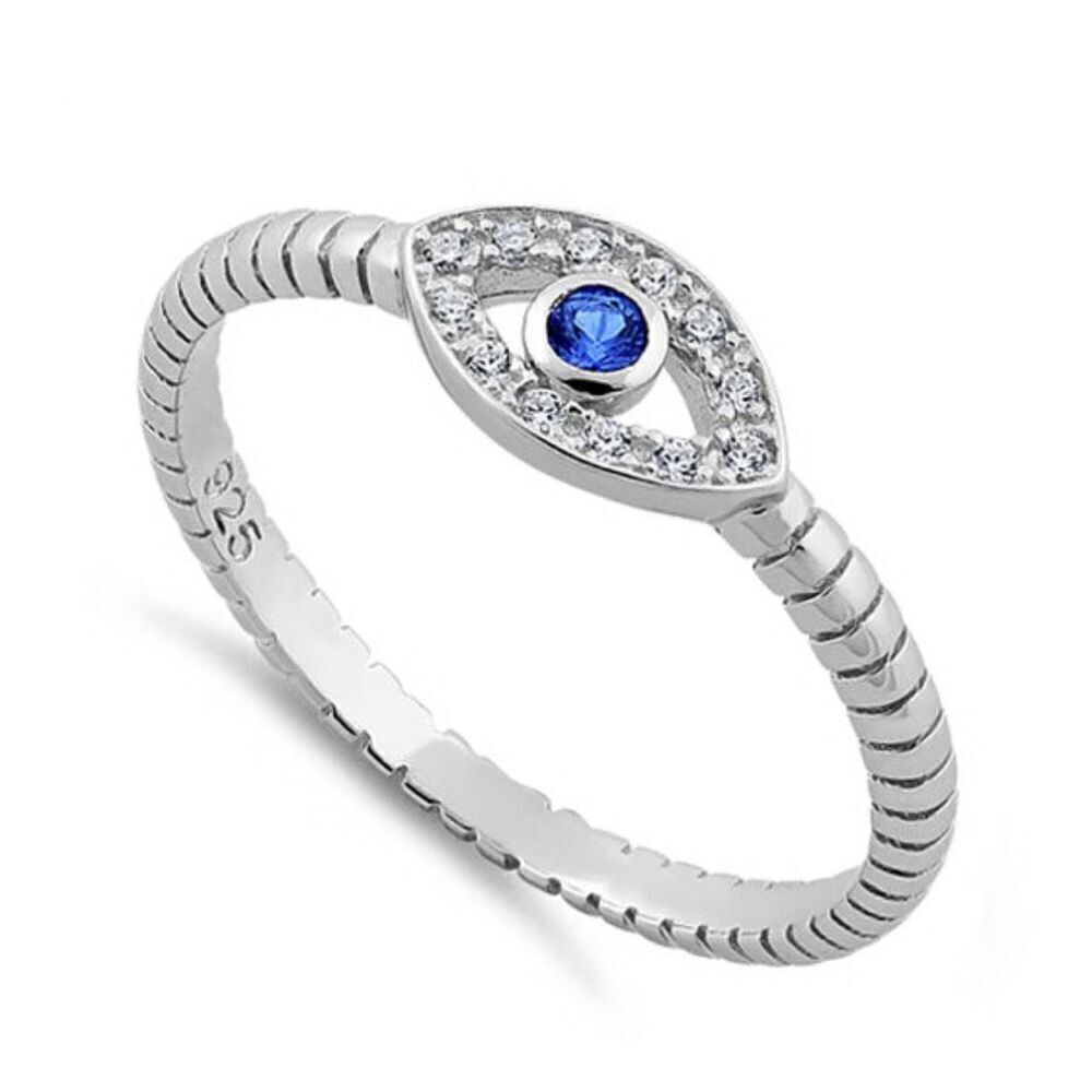 Sterling Silver Evil Eye Ring with Blue Sapphire CZ New